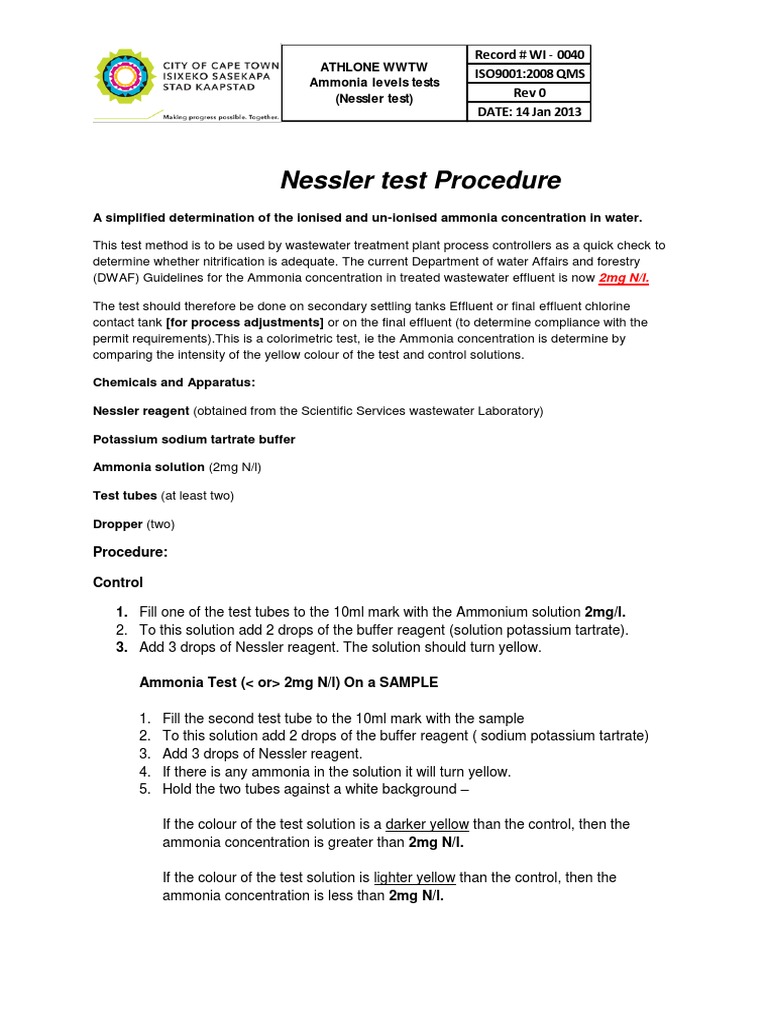 Nessler Test Procedure for Ammonia | PDF | Ammonia | Sewage Treatment