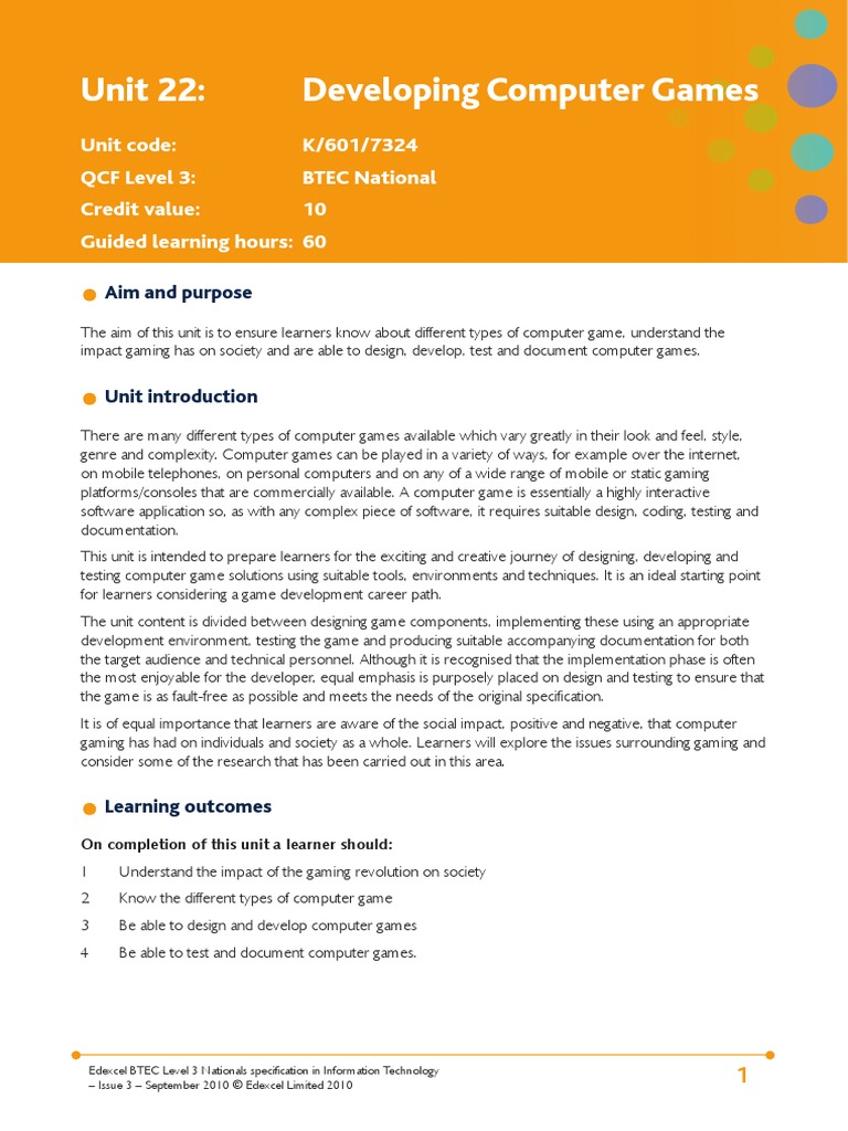 Unit 22 Developing Computer Games Specification | PDF | Programming ...