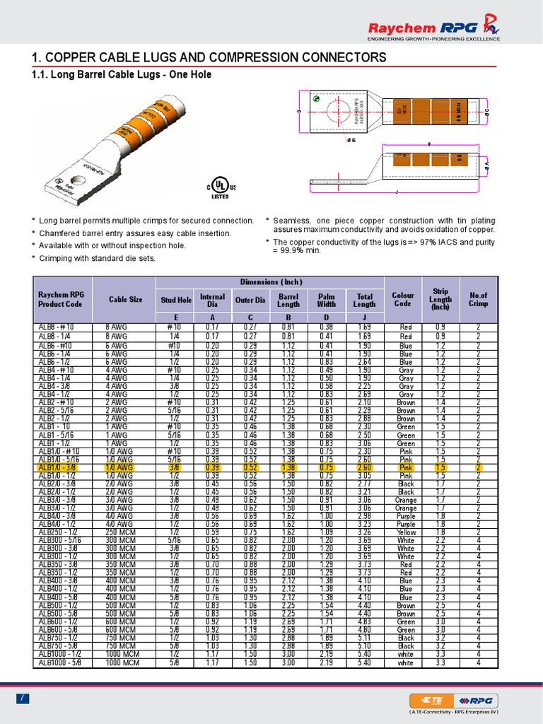 Raychem RPG Cable Lugs Specifications | PDF | Electrical Components ...