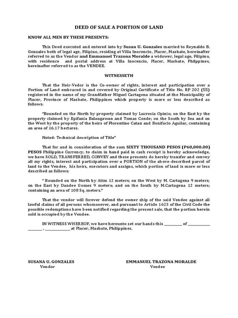 Deed of Sale of A Portion of Land by Gonzales | PDF | Natural Resources ...