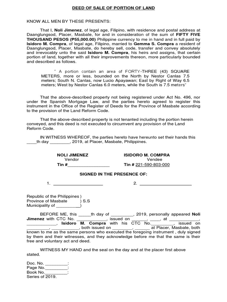 Deed of Sale of Portion of Land (Vitaliano Hidalgo) PDF Deed
