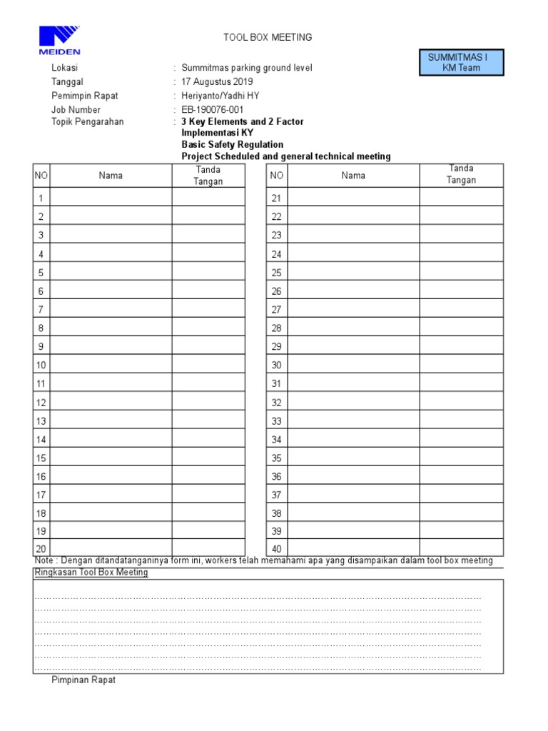 Tool Box Meeting Form SDM SUmmitmas I (KMS) PDF Business