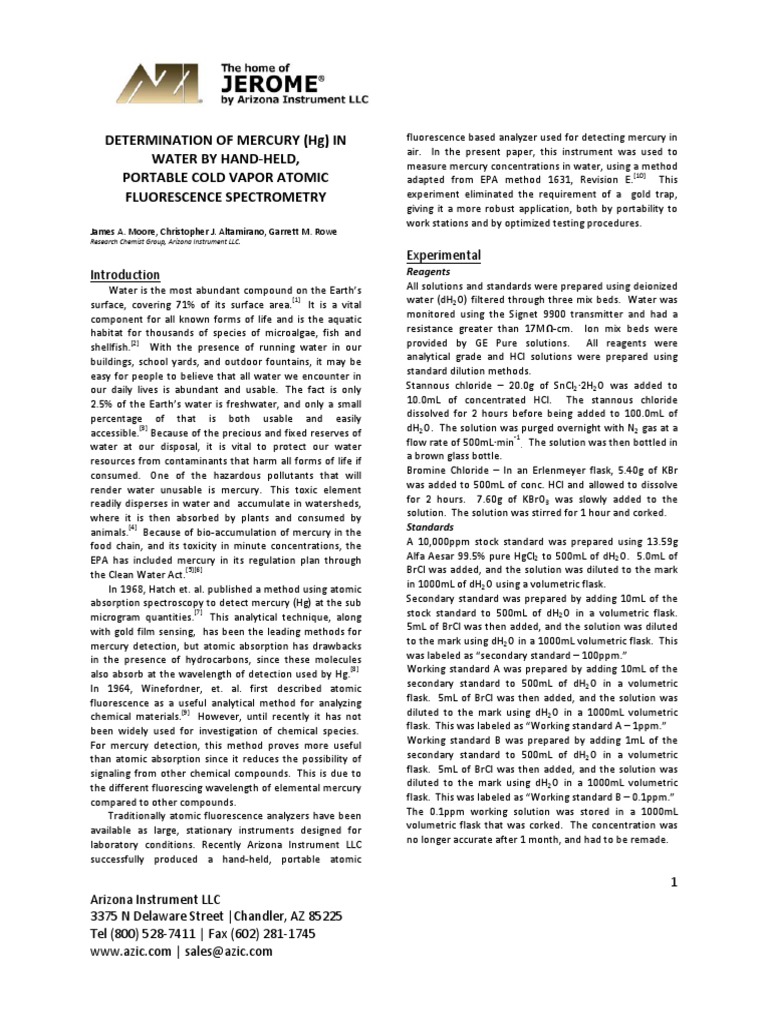 Determination of Mercury in Water by Hand Held Portable Atomic