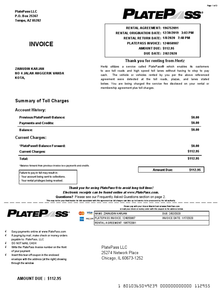 Platepass Invoice PDF Toll Road Receipt