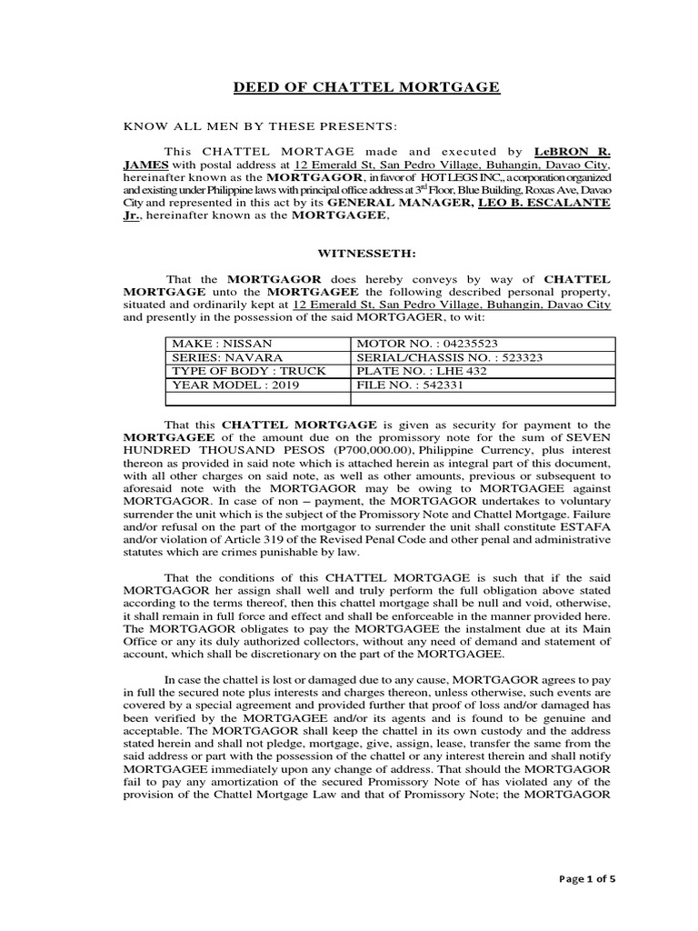 Chattel Mortgage With Affidavit of Good Faith PDF Mortgage Law Foreclosure