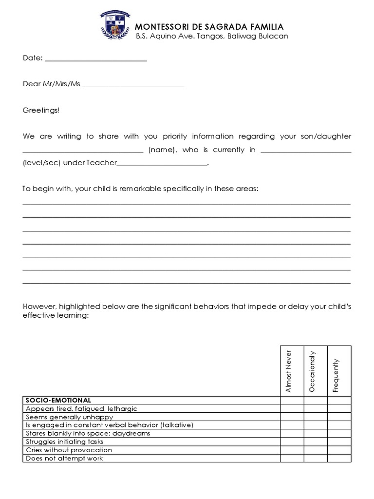 Behavior-Checklist StudentReferralLetter | PDF | Classroom | Attention