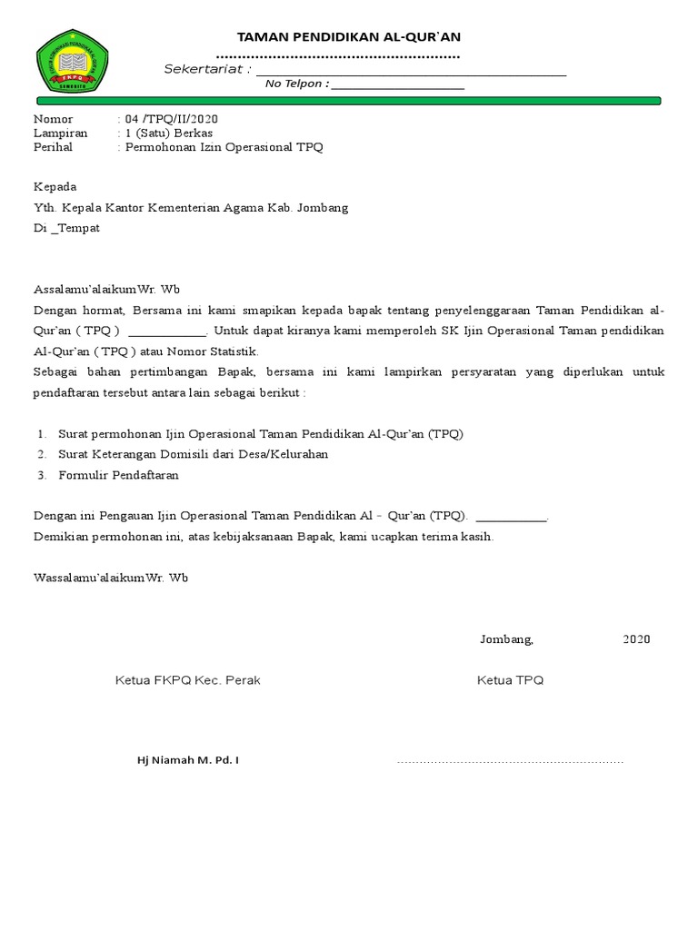 Contoh Surat Permohonan Tpq Baru