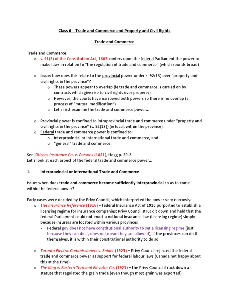 Canadian Constitutional Law Trade and Commerce and Property and Civil