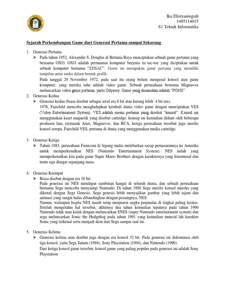 Sejarah Perkembangan Game Dari Generasi Pertama Sampai Sekarang | PDF ...