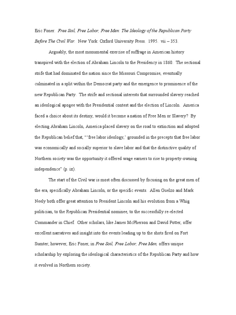 Book Review Free Soil, Free Men, Free Labor The Ideology