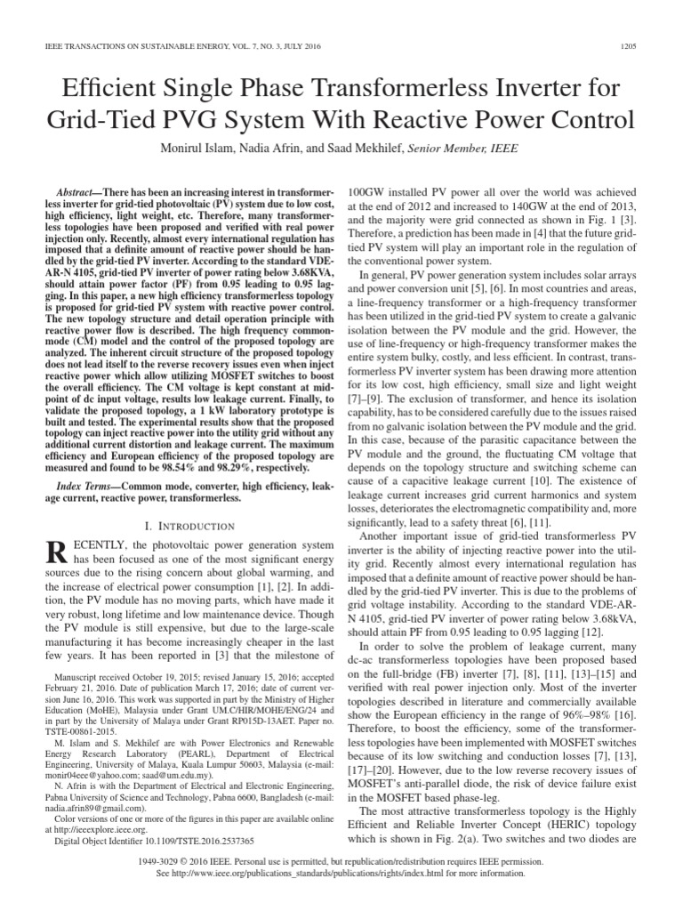 Efficient Transformerless Inverter for PV Systems | PDF | Science ...