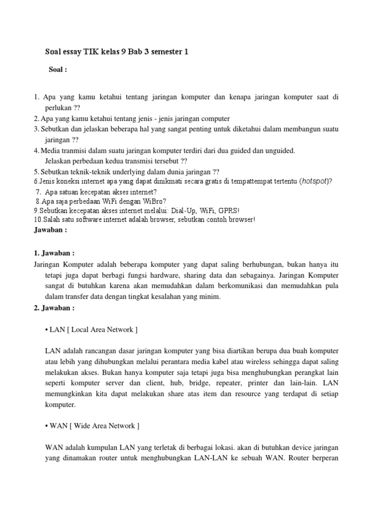 Soal Essay Tik Kelas 9 Bab 3 Semester 1 Doc