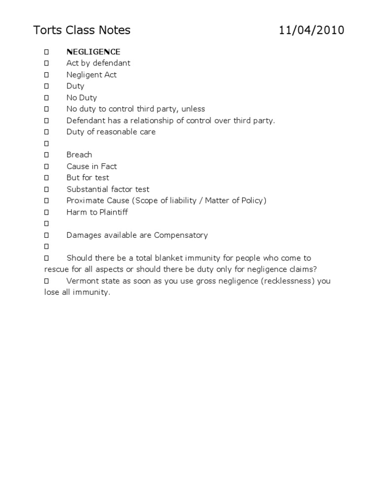 Torts Class Notes: Negligence Overview | PDF | Negligence | Intentional ...