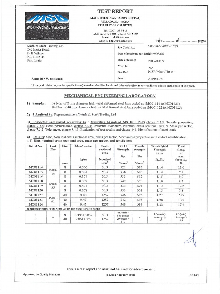 MSB Test Reports MS10 2015 8MM 10 20 25 & 40MM Imp 233 | PDF