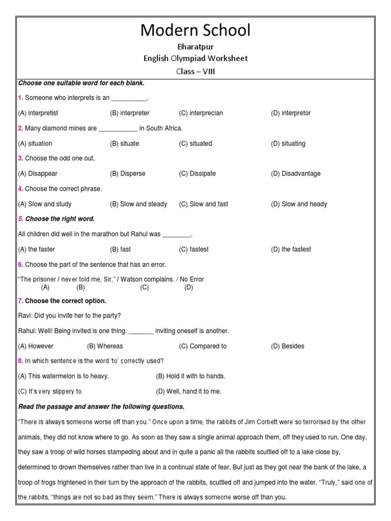 English olympiad worksheet of class vii pdf