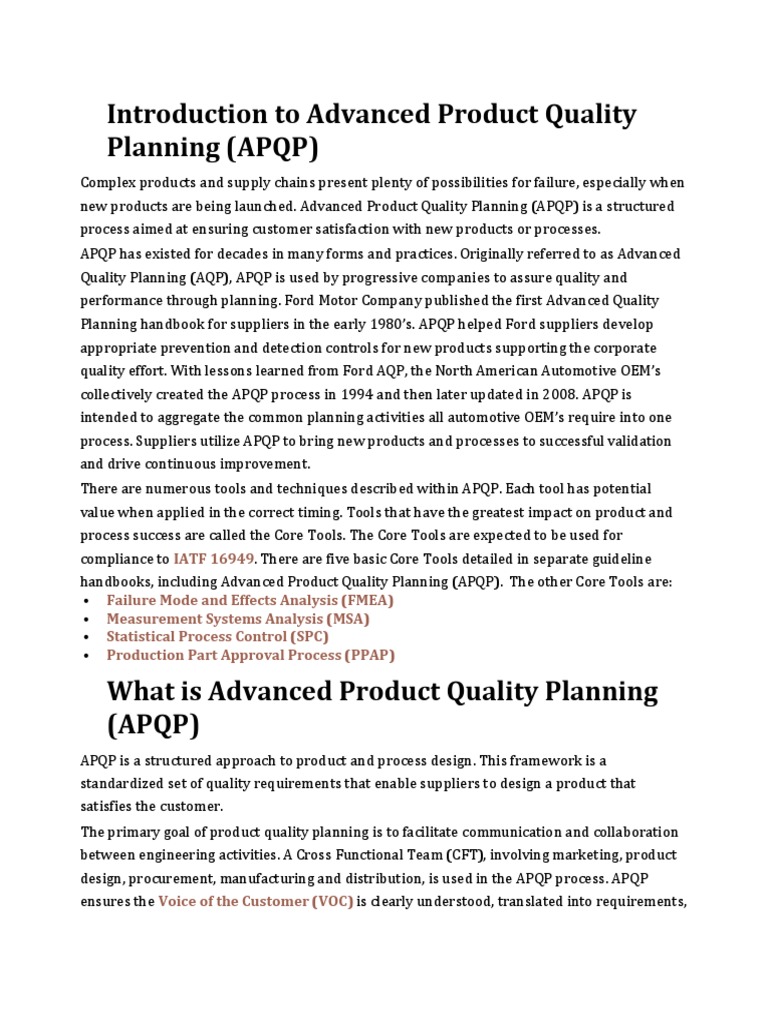 Advanced Product Quality Planning Overview | PDF | Design For Six Sigma ...