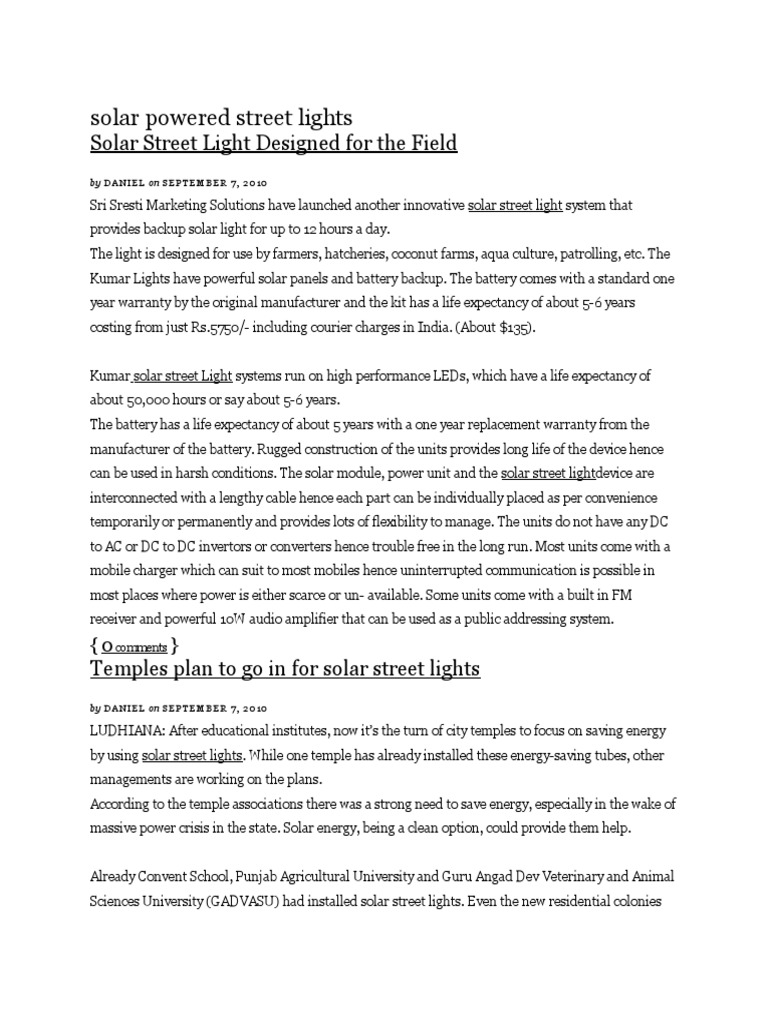 Solar Powered Street Lights Overview | PDF | Lighting | Solar Energy