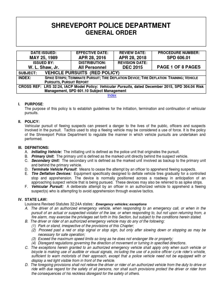 Shreveport Police Department Vehicle Pursuit Policy | PDF | Police ...