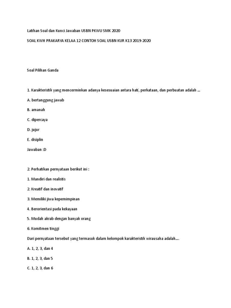 Latihan Soal Dan Kunci Jawaban Usbn Pkwu Smk 2020