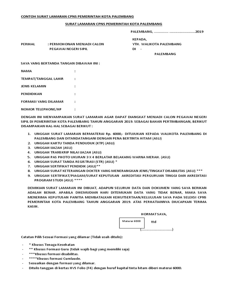 Contoh Surat Lamaran Cpns Pemerintah Kota Palembang 2019 Pdf