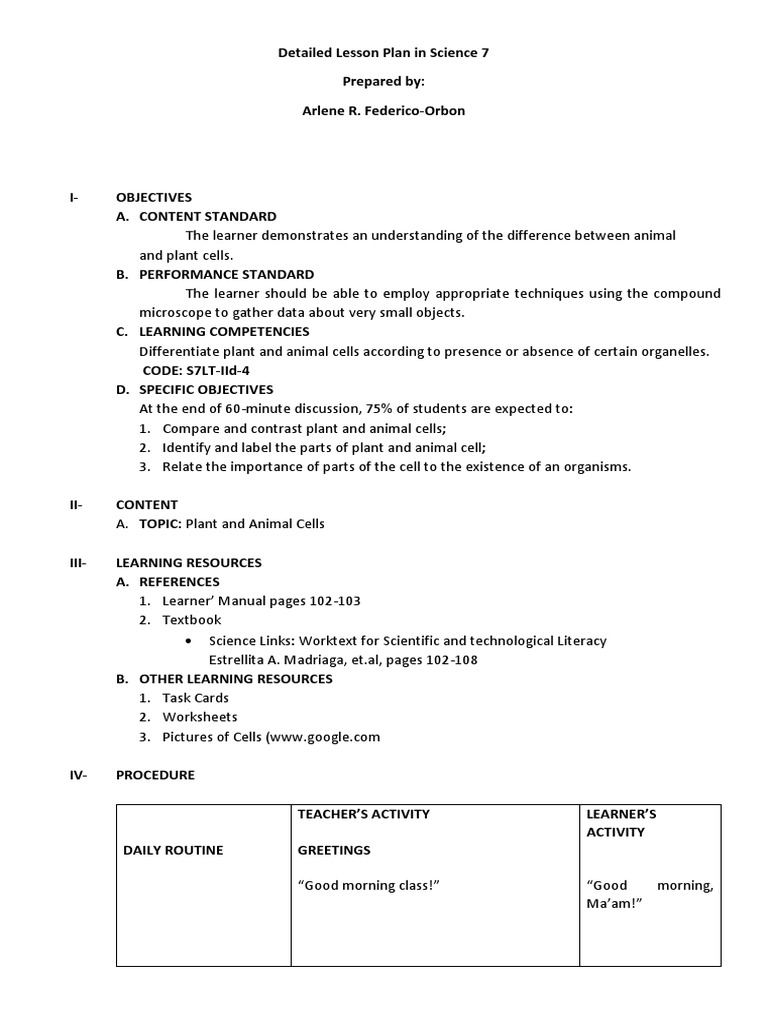 7th Grade Lesson Plan: Cells | PDF | Endoplasmic Reticulum | Chloroplast