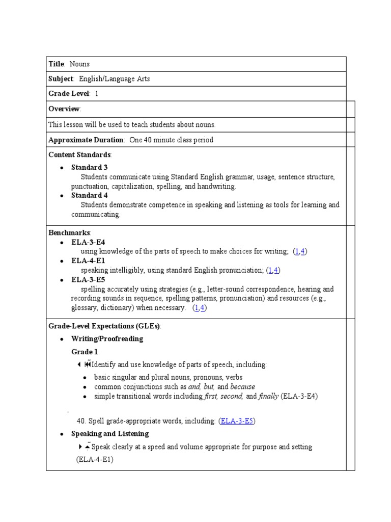 Nouns Lesson Plan | PDF | Noun | Part Of Speech