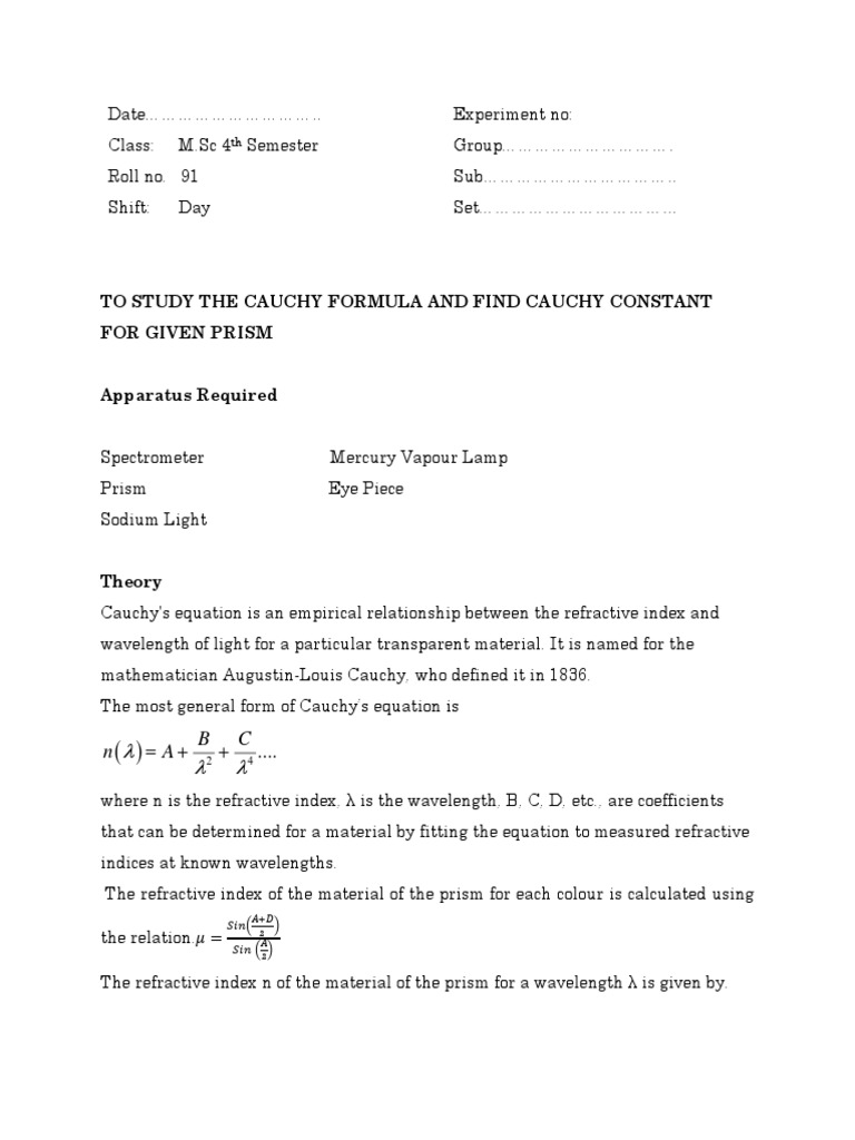 Cauchy constant pdf refractive index prism