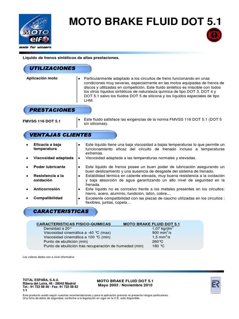 FichTec Elf Moto Brake Fluid Dot 5.1 PDF Líquidos Lubricante