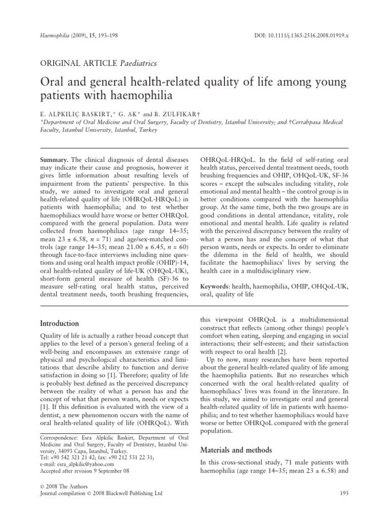 Oral Health Quality of Life in Haemophilia | PDF | Dentistry | Haemophilia