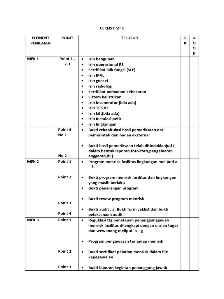 Ceklist MFK untuk Penilaian RS | PDF