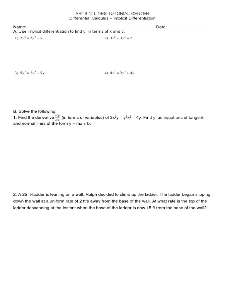 Implicit Differentiation Tutorial Worksheet | PDF | Teaching Methods ...