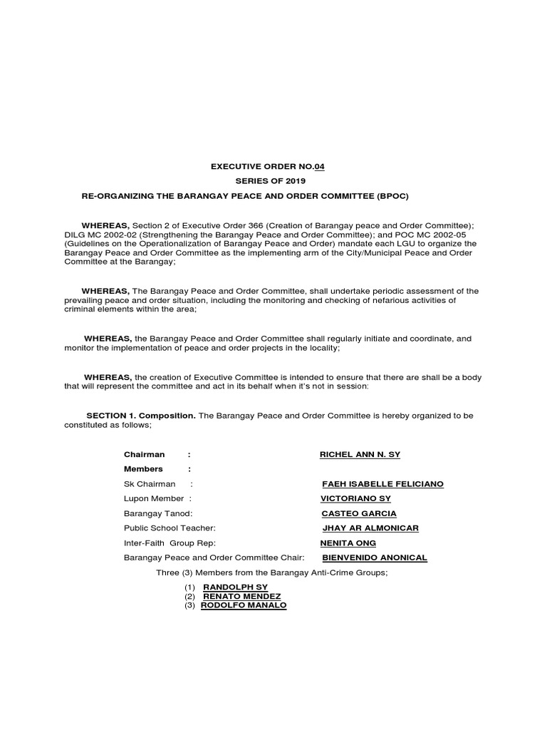 EXECUTIVE ORDER NO 4 Bpoc PDF Public Law Government