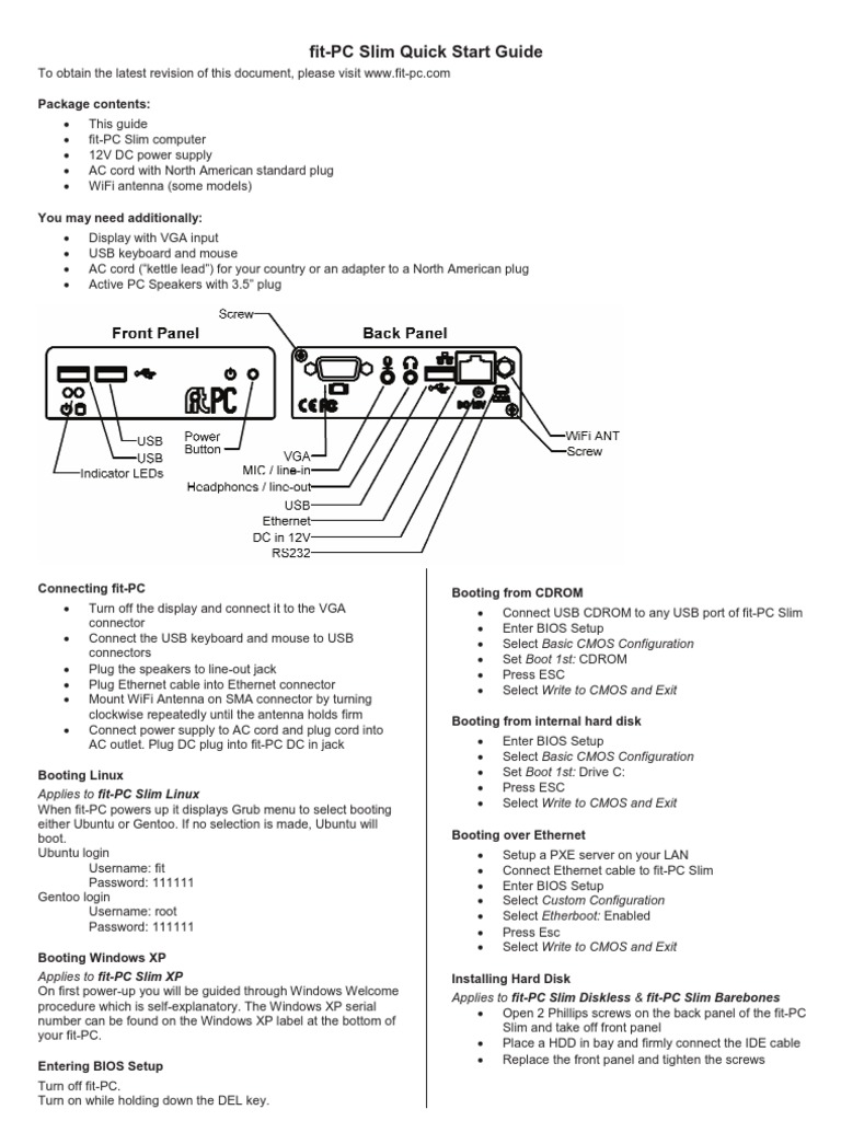fit-PC Slim Quick Start Guide | PDF | Electrical Connector | Bios