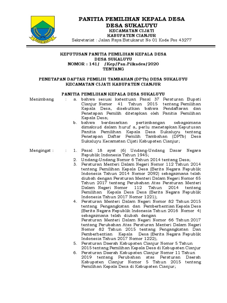 Penetapan DPTb Desa Sukaluyu 2020 | PDF