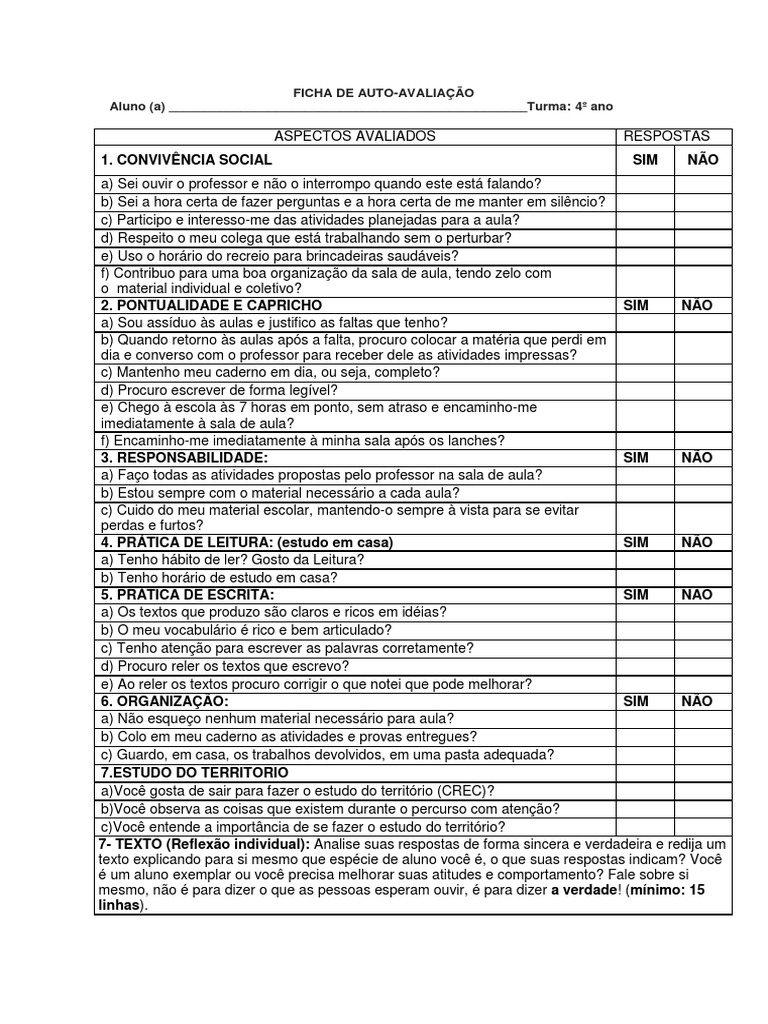Ficha de Autoavaliação do Aluno | PDF