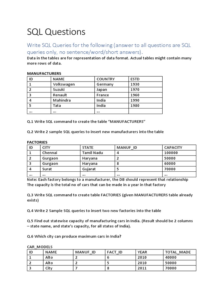SQL Questions Cars | PDF | Sql | Motor Vehicle