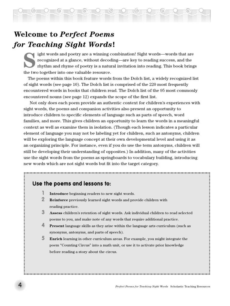 For Teaching Sight Words!: Welcome To Perfect Poems | Pdf | Poetry |  Curriculum