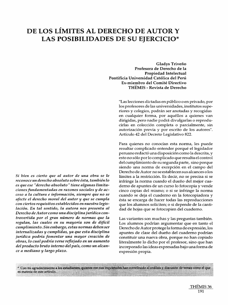 Límites del Derecho de Autor en Perú | PDF | Derechos de autor | Autor