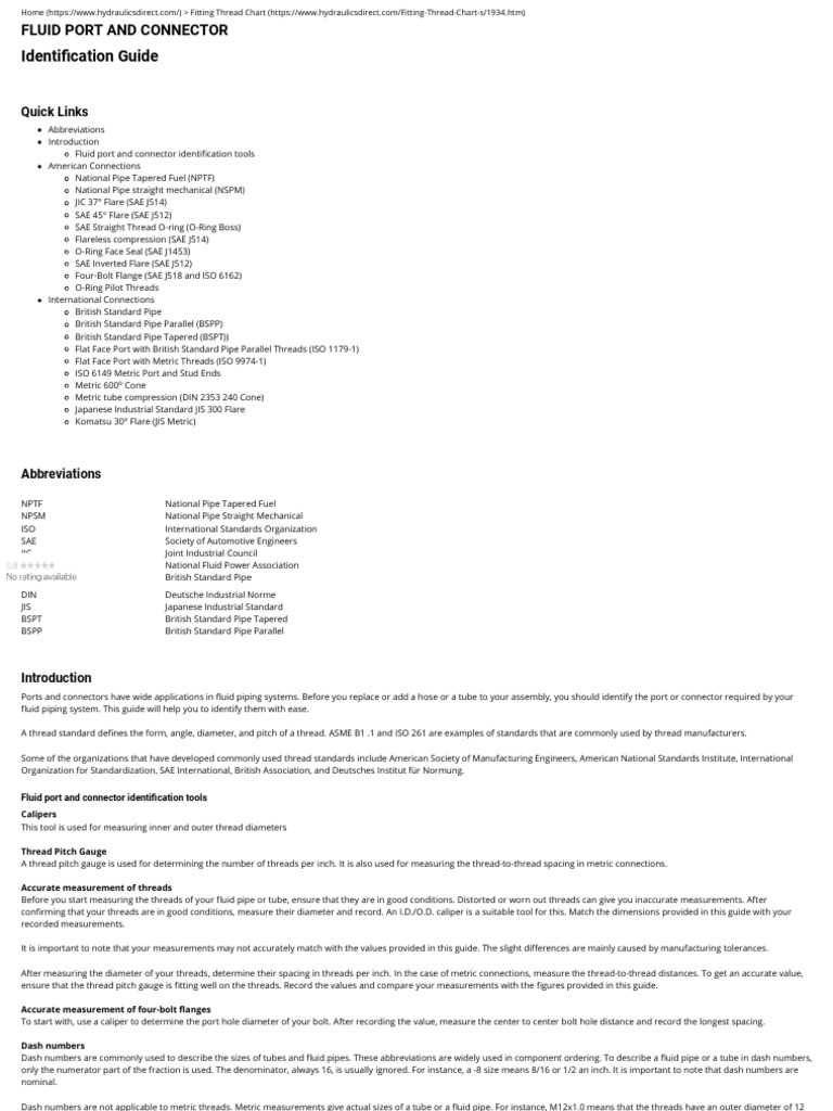 Hydraulic Fitting Thread Chart Hydraulics Direct PDF