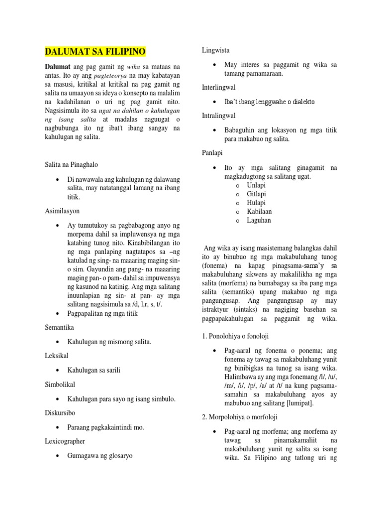 Dalumat Sa Filipino Reviewer | PDF
