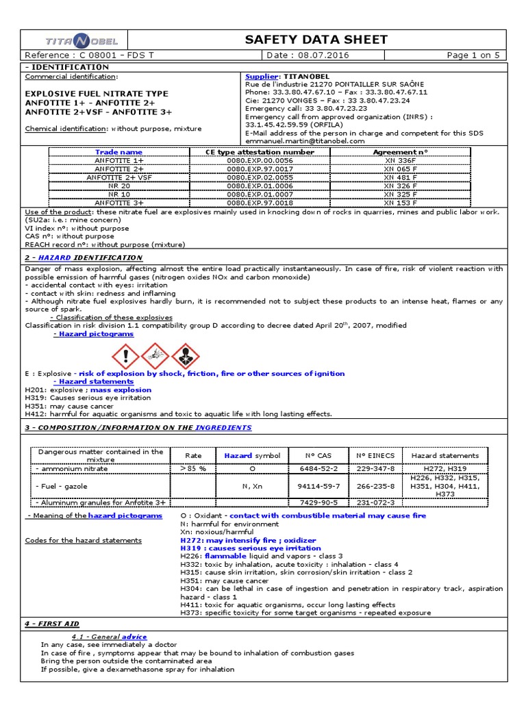 ANFOTITE Explosive Safety Data Sheet | PDF