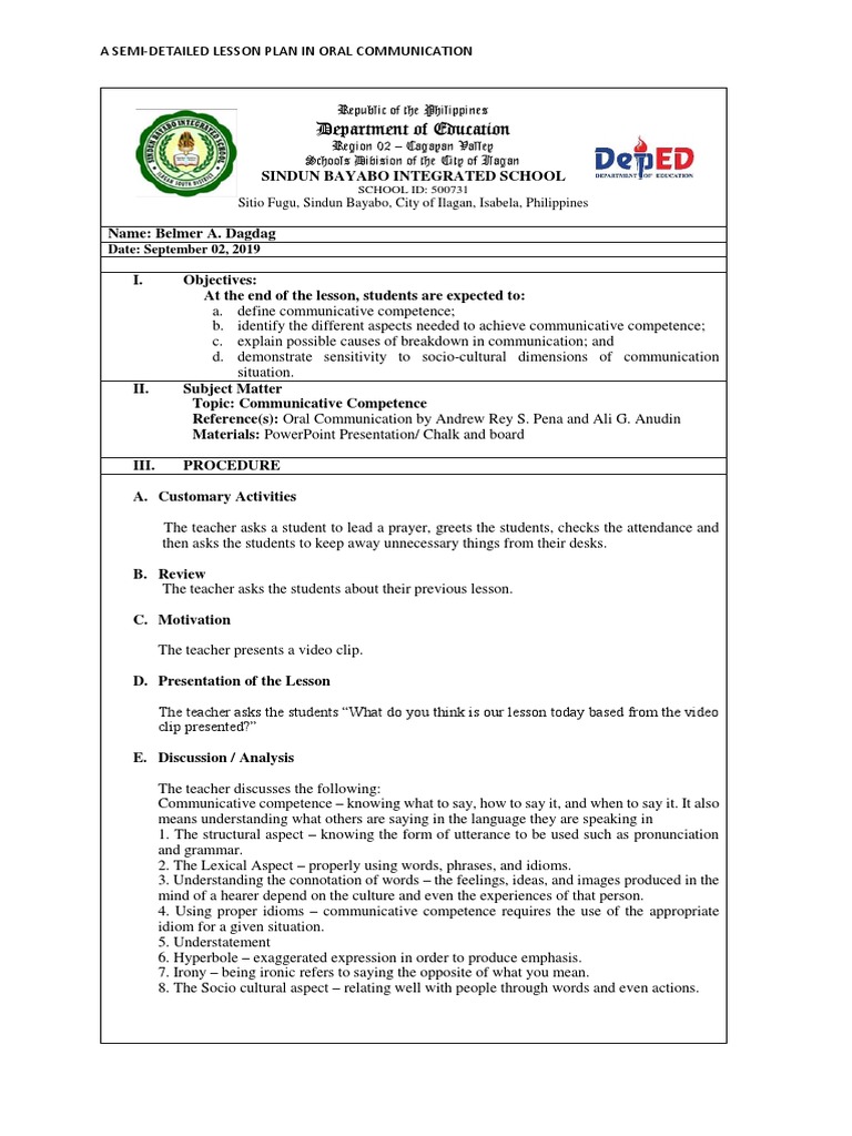 Lesson Plan in Communicative Competence | PDF