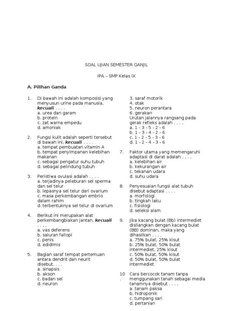 Soal Ipa Uas Ganjil Kelas Ix