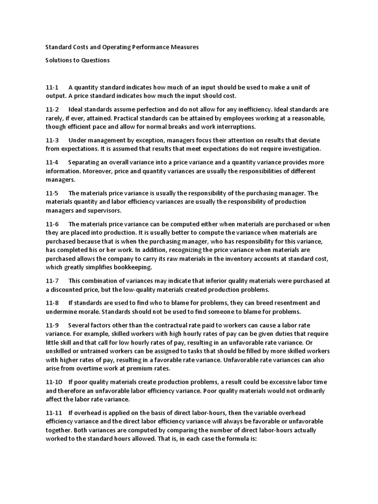 Standard Costs and Operating Performance Measures | PDF