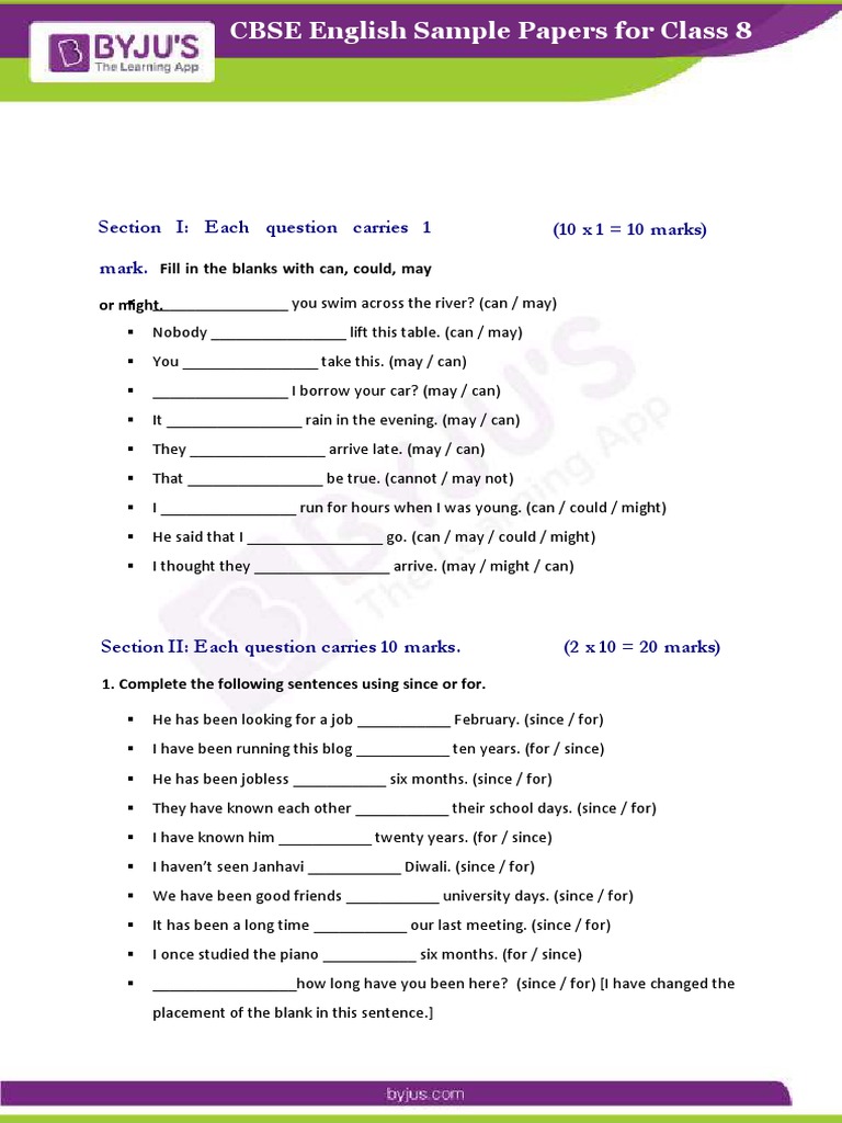 CBSE Class 8 English Sample Paper Er PDF