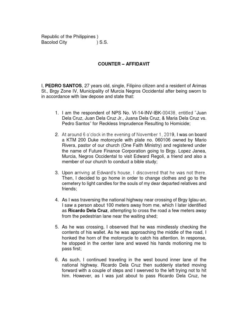 Counter Affidavit Reckless Imprudence Resulting To Homicide PDF Affidavit Prosecution