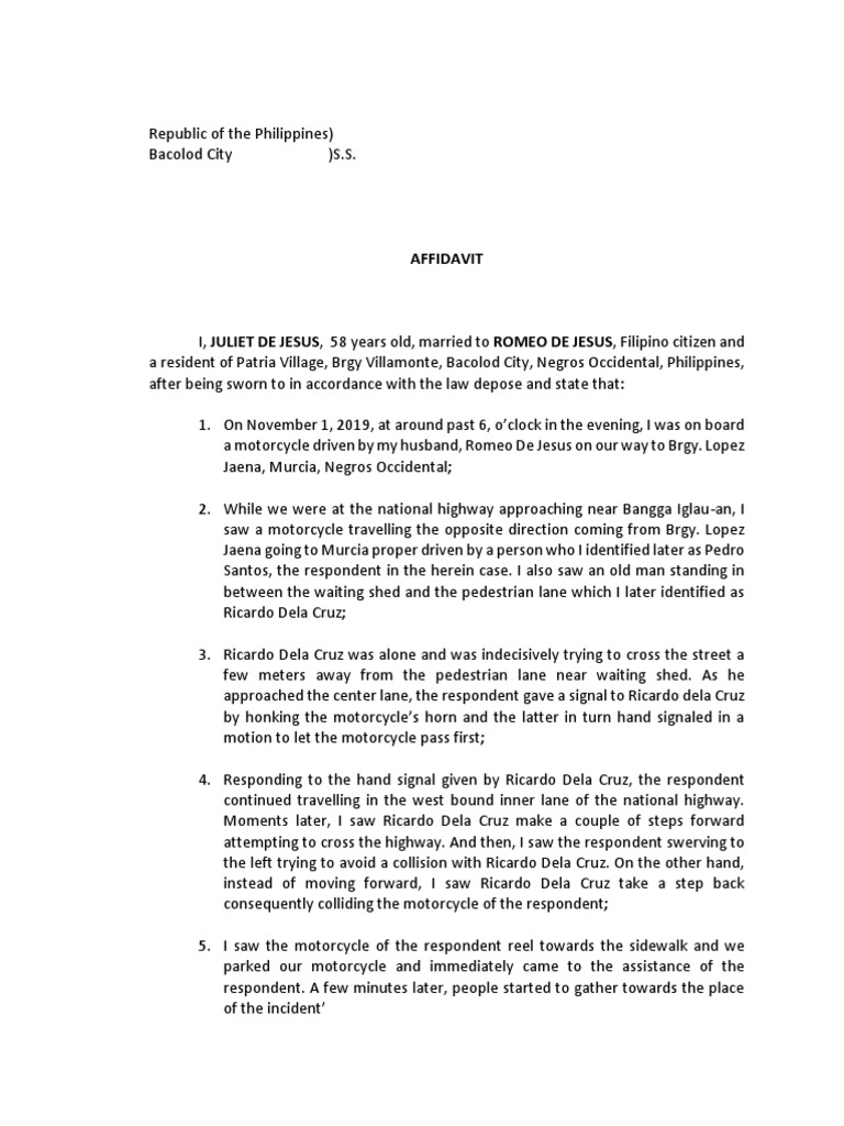 Witness Affidavit Reckless Imprudence Resulting To Homicide PDF
