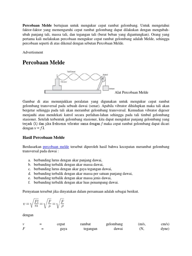 Percobaan Melde Bertujuan Untuk Mengukur Cepat Rambat Gelombang