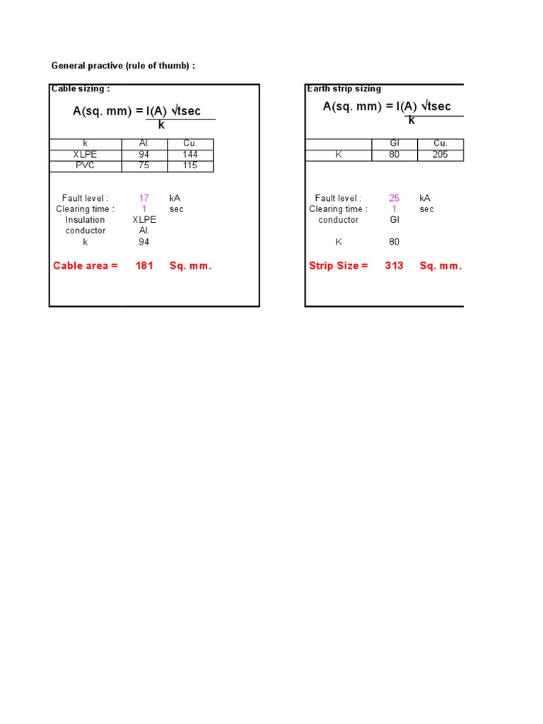 Cable Earthing Sizing Thumbrule Calculation Excel Spreadsheet PDF