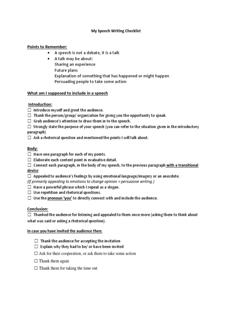 Speech Writing Essentials Checklist | PDF